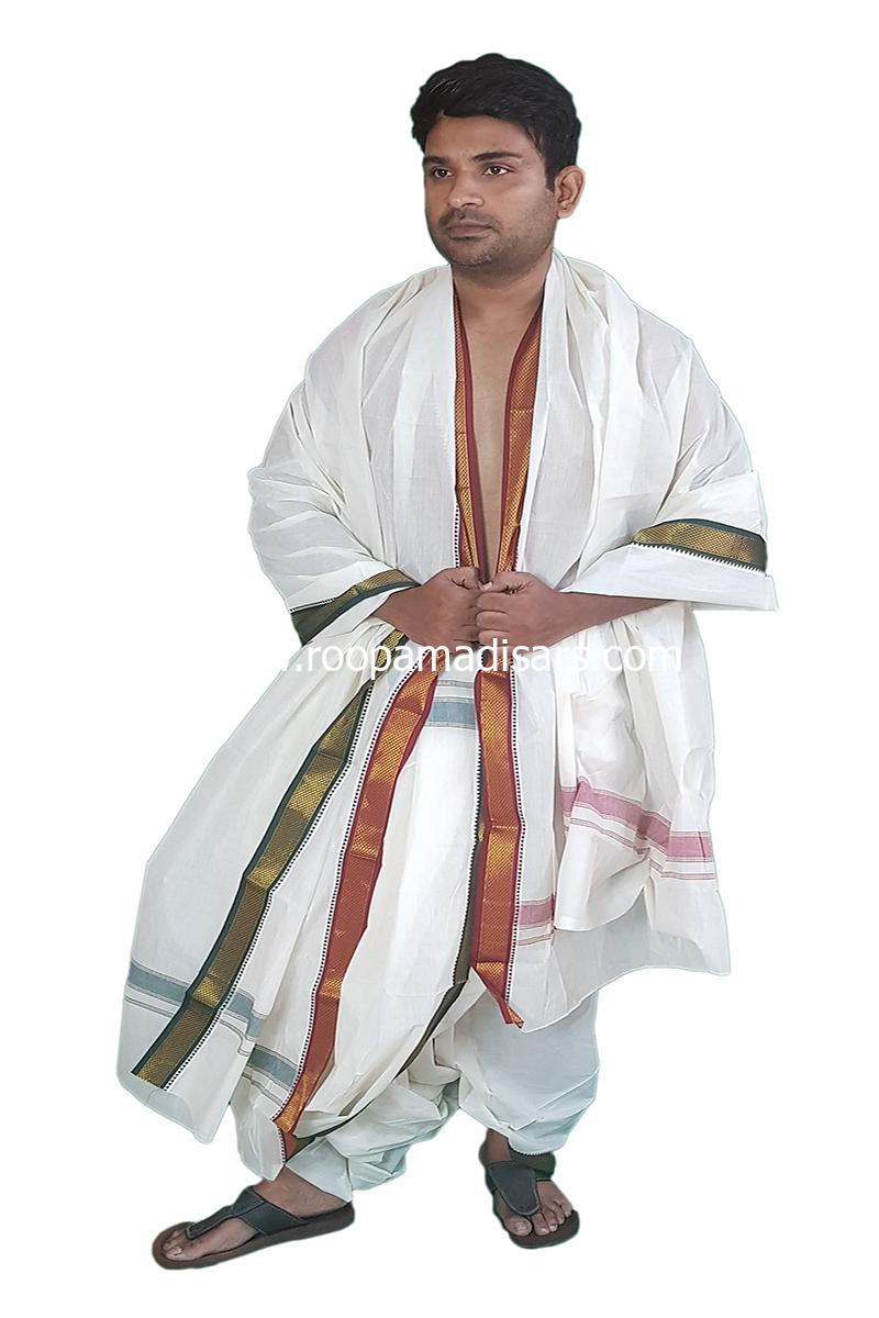 Men's Cotton 9x5 Panchakacham Dhotis with Angavastram - Mayilkann 7kann