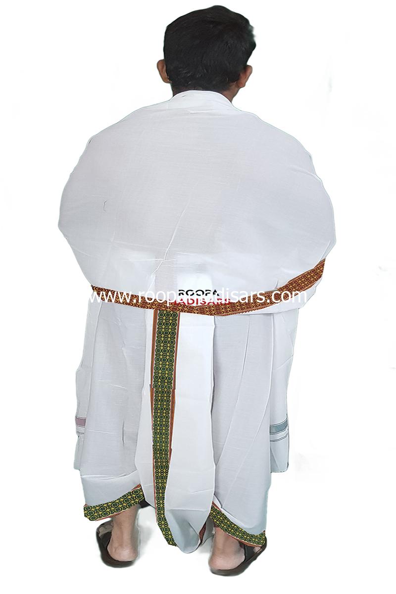 Men's Cotton 9x5 Panchakacham Dhotis with Angavastram - Bleached Thread border -assorted colour border - Image 2