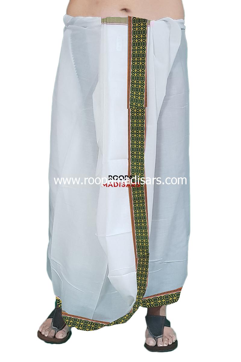 Men's Cotton 9x5 Panchakacham Dhotis with Angavastram - Bleached Thread border -assorted colour border - Image 3