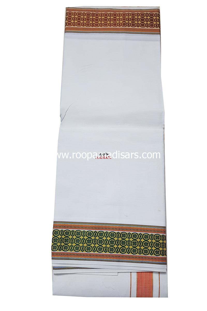 Men's Cotton 9x5 Panchakacham Dhotis with Angavastram - Bleached Thread border -assorted colour border - Image 5