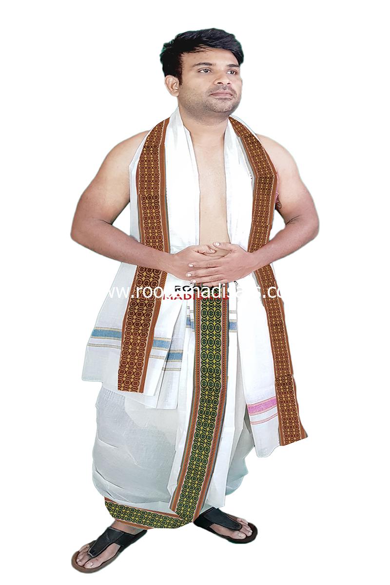 Men's Cotton 9x5 Panchakacham Dhotis with Angavastram - Bleached Thread border -assorted colour border