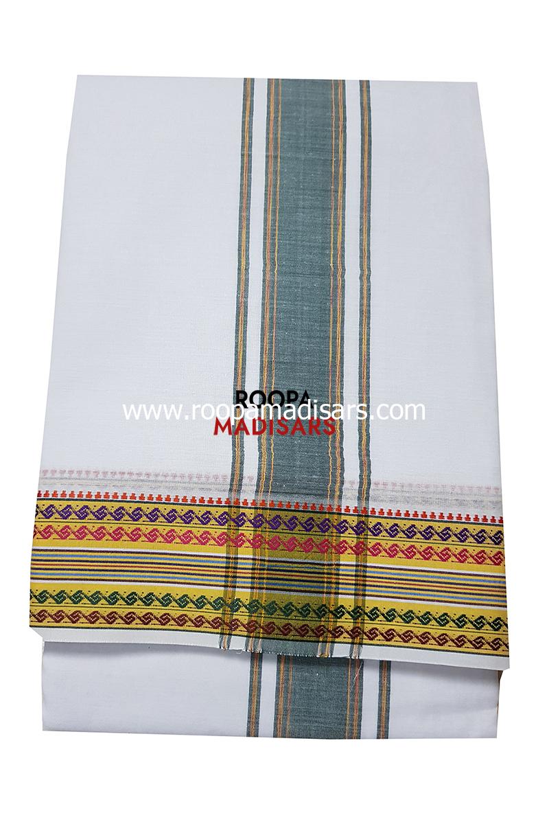 Men's Cotton 9x5 Panchakacham Dhotis with Angavastram - Bleached Thread border -assorted colour border - Image 8