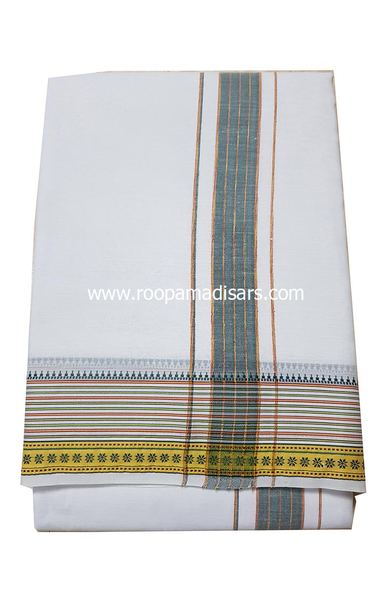 Men's Cotton 9x5 Panchakacham Dhotis with Angavastram - Bleached Thread border -assorted colour border - Image 9