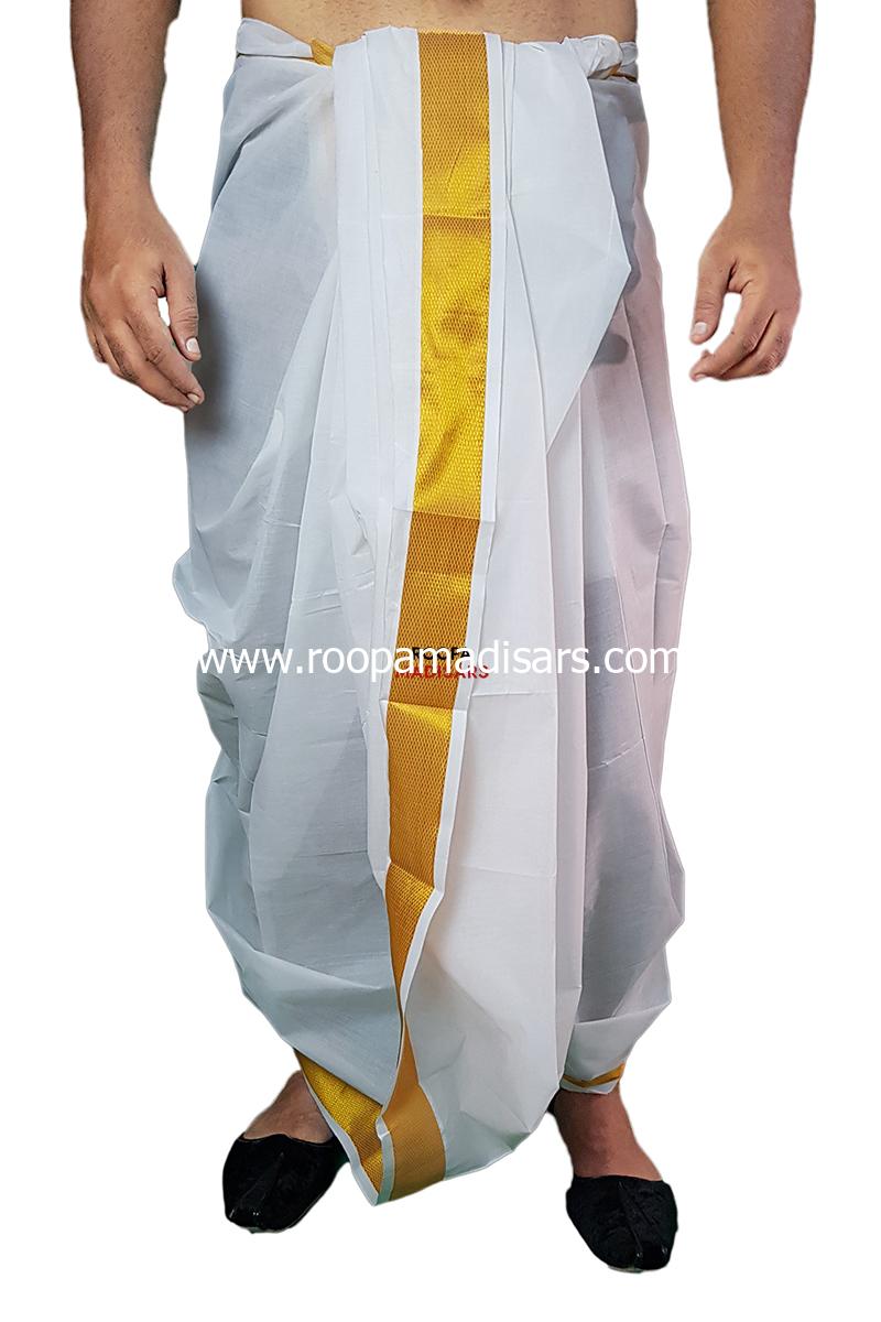 Men's Cotton Readymade Panchakacham Dhotis with lining and inner pocket - Golden Zari - Image 2