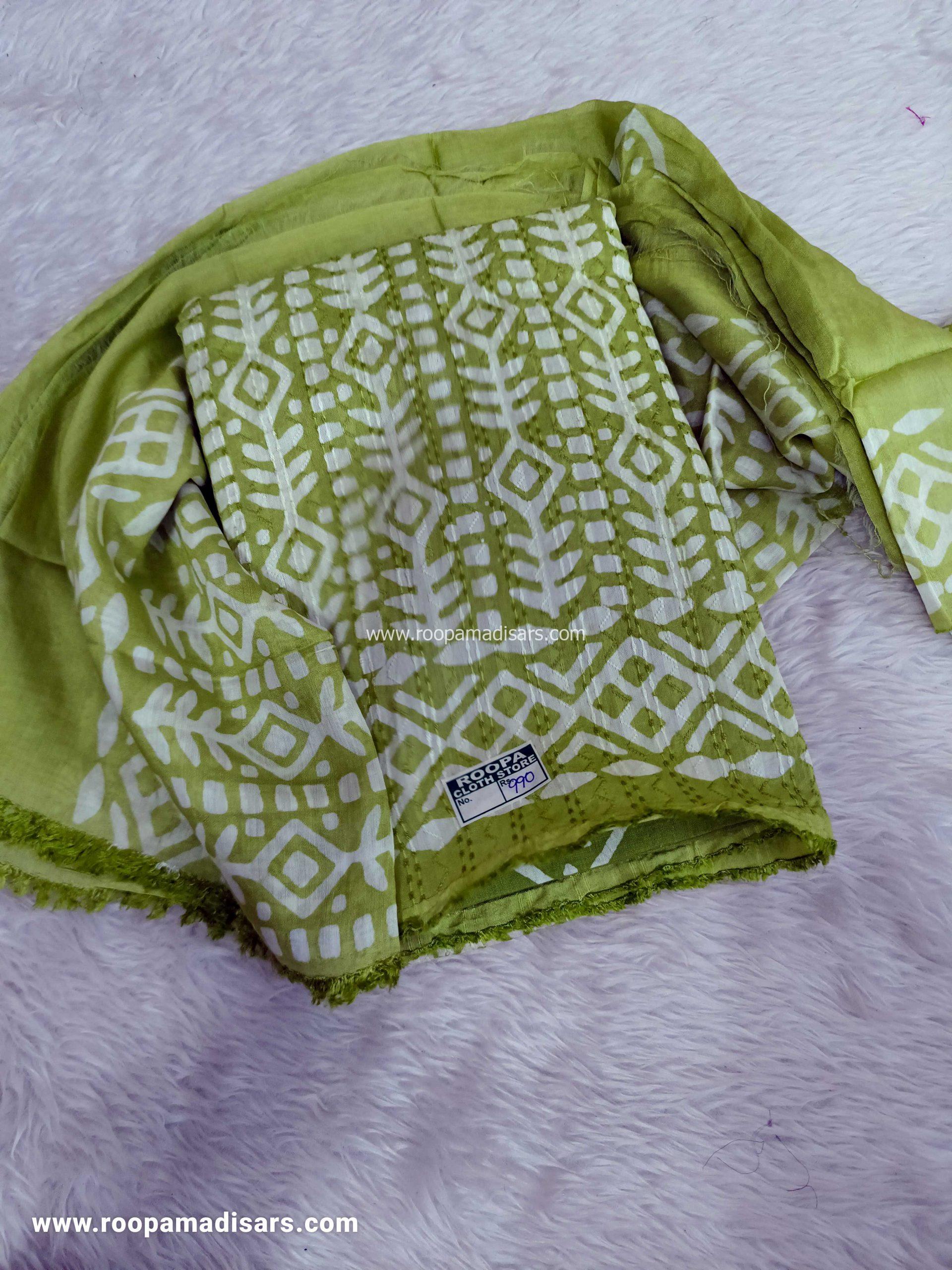 Embroidery Batik Chanderi Cotton Dress Material - Unstitched 3 Piece Suit (Top,Bottom,Dupatta )