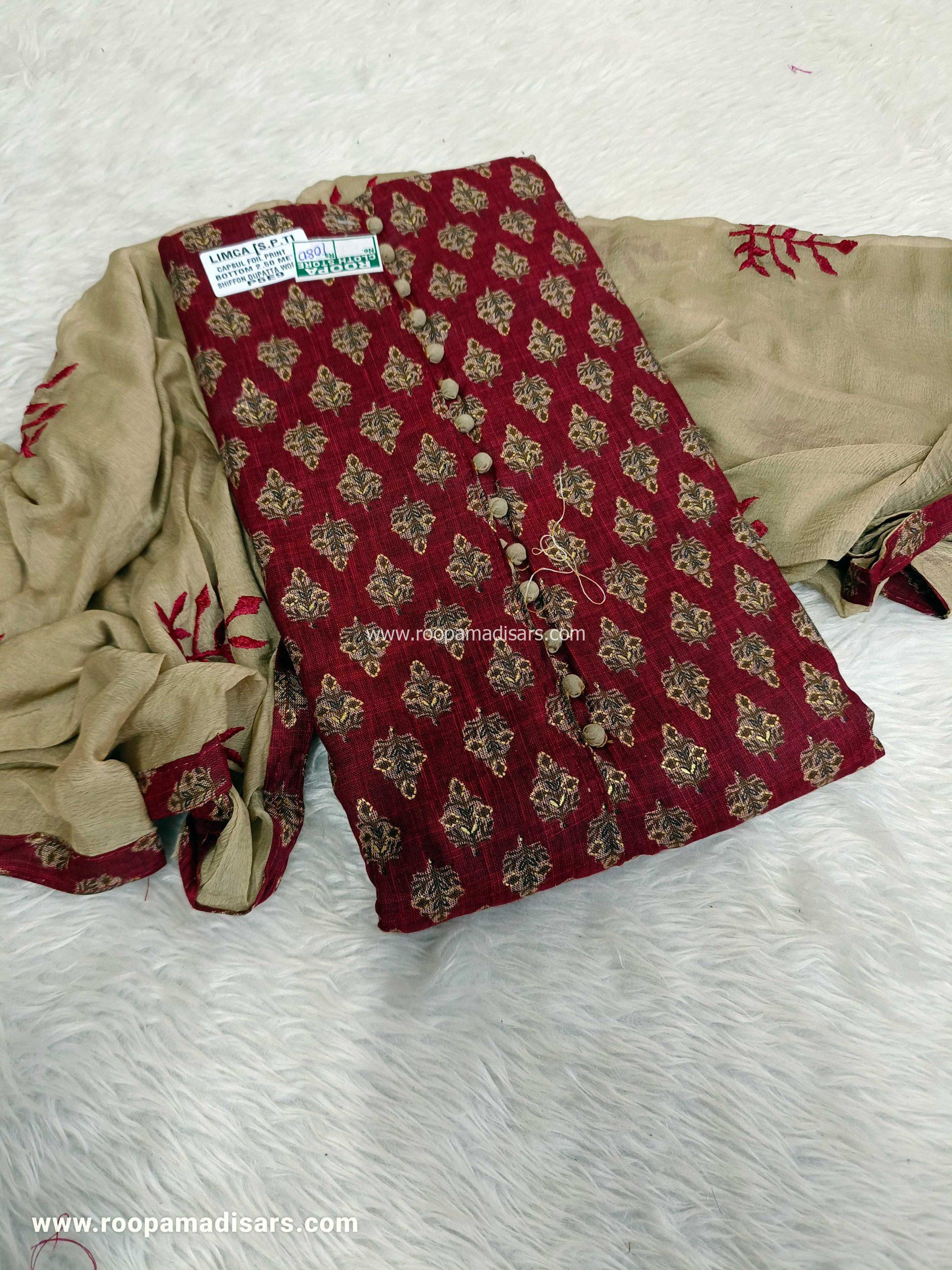 Embroidery Sequence Cotton - Chiffon dupatta Dress Material - Unstitched 3 Piece Suit (Top,Bottom,Dupatta )