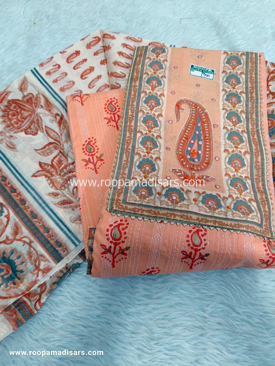 Embroidery Chanderi Cotton Dress Material - Unstitched 3 Piece Suit (Top,Bottom,Dupatta )